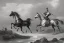 Placeholder: clip art , black and white , knight on the horse charging a dragon with lancet