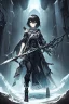 Placeholder: Anime girl with short black hair and sharp green eyes holding a spear, full body black and white metal plate armour, full body shot, Dramatic lighting,1woman, soaked in blood, Warrior, standing pose, One weapon