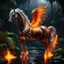 Placeholder: Hyper Realistic Crystal-Fire-horse-with-golden-horn & fire-wings inside a jungle at dark rainy night showing dramatic & cinematic ambiance.