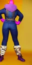 Placeholder: Bright-color-haired woman.fit,slim but thick thighs,thick calves,flat belly,curvy fell, thin. Mantle is sewed of upcycled Denim and sewed together of camouflage pieces. Pieces' color are orange, cream and purple. Cream latex gaiters.It is with big bright purple felt tippet and cream-colored-hood. mantle has a hood. Big AKG-style headphones (gold rings!) is merged with small felt cap with small visor. Style: Haute Couture in 1920's, N.Y.C fashion in 1996, inspired by street art.