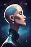 Placeholder: Make a portrait of a androgen woman bald face profile silhouette, she's looking up , using star earring, retro futuristic style, galaxy background, Art Deco 2d