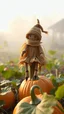 Placeholder: A little figure formed from dried corn husks, sitting on a pumpkin stem in a rustic garden patch, with the soft glow of early morning mist surrounding them.