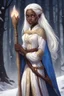 Placeholder: sixteen-year-old sorceress, dark skin, blue eyes, straight and long snow-white hair, dressed in an aristocratic tunic, carrying a long wooden staff