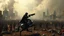 Placeholder: cyberpunk interpretation of Bruegel's "The Triumph of Death", capturing the symbolic "harvest" of humanity. this is terror. A dystopian metropolis under smog sky, where cybernetic soliders reapers are executing physical harvest and many of humans citizens killed army of cyberwarrior androids and robotic, many panicking running people, many bodies lying on the ground. a cyber-death warrior in black hood with futuristic gun on an mechanical robotic horse, thriller, detailed, cinematic