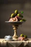 Placeholder: renaissance style still life composite, dish of Raviolis with cow meat, vine cup, olive oil. moisture, art, natural, ornaments, ceramic, marble, high kitchen, smooth, god rays, unreal engine 5, ray tracing, RTX, lumen lighting, ultra detail, volumetric lighting, 3d.