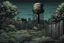 Placeholder: night, watertower, overgrown apocalyptic city background, comic book, fence