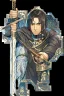 Placeholder: A handsome 30 year old knight, black hair, male bob haircut, in black-and-gold plate armor, golden katana in both hands, no beard, european, proper arms