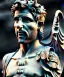 Placeholder: Gran angular, Realistic image, roman sculpture, marble material, Lionel Messi with Laurel wreath model, miguel angel style, God light, god rays, 4k resolution, perfect details, ornate details, soft lighting, unreal engine 5, soft cyan background.