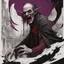 Placeholder: Dramatic ancient Vampire Lord bearing fangs, horror caricature 2/3 portrait, by Russ mills, by Zdzislaw Beksinski, by Jeremy Mann, exaggerated long Fangs, black-deep red-deep violet color scheme, dark nighttime background, dramatic, otherworldly goth art.