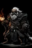 Placeholder: darkest dungeon style character art: black-skinned dwarf man with white hair and beard, witch hunter, wearing armour and wielding a warhammer