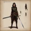 Placeholder: ConceptSheet [by Guy Borremans]: woman thief rogue and her short sword with AD&D statistics