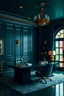 Placeholder: Cinematic shot of a dark emerald green office in the style of art deco with gold accents