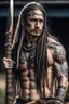 Placeholder: clean shaven long haired warrior with tribal tattoos and spear