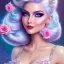 Placeholder: jolie femme galactique cosmonaute sourire avec longs cheveux bleu pastel joli visage souriant et beau corps bien formé , beaux yeux bleus rieurs - grandes ailes roses , ciel bleu fleurs blanches et roses. robe en soie, jolies dents, jolis yeux rieurs , picture precise and hight quality 8k, 10k ambiance rose pÂle, combinaison de cosmonaute, bijoux