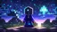 Placeholder: Minecraft Character, minecraft theme, purple starry sky, meditating, aesthetic, facing back, wearing gown, chinese theme