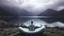 Placeholder: back to the camera a figure sittings on amorph sofa in a beautiful dreamlike landscape and overlooking the water of the nearby lake, calm, harmonious atmosphere, muted dark colors, purple, white, gray, green, blue, brown, silver, black , ,not too colorful colors, Whimsical style and giant stunning neuron network all over the sky, half shadow and half light abyss, surreal stunning vibe
