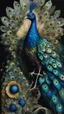 Placeholder: Max Ernst surrealist full body portrait alcohol ink illustration of a peacock with intricately detailed facial features, traversing the multiverse of transformative and expanded consciousness, blurring the boundaries between mortal and immortal, sharply defined and detailed, 4k in dark moody natural colors