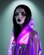 Placeholder: Picture by koson ohara and marta bevacqua, portrait of a beautiful goth woman with long black hair, wearing a plastic raincoat, purple neon lighting, 8k, high quality, highly detailed