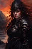 Placeholder: A formidable warrior girl in black armor, on the background Amazing gloomy landscape, flooded with sunset, mountains, trees, fabulous scary hero, , juicy emotions, painting, dark fantasy, gloomy day, dark world, portrait, by Anna Razumovskaya