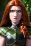 Placeholder: hyper realist, hyper detailed, stunningly beautiful teen woman, long ginger hair, green eyes, medium freckles, full lips, skimpy fantasy intricate leather armour, full body and head, c-cup breasts, serious expression, centred camera, full frame, petite