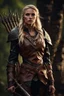 Placeholder: blonde female hunter with a bow wearing leather half armour dark fantasy Realistic 4k