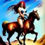 Placeholder: portrait of a beautiful busty Red sonja riding a horse by Frank Frazetta style