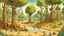 Placeholder: Cartoon illustration for children: Cenozoic scene, millions of years ago, with towering prehistoric trees, bubbling mud pits