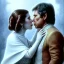 Placeholder: carrie fisher kissing harrison ford, pale skin, waist up portrait, intricate, oil on canvas, masterpiece, expert, insanely detailed, 4k resolution, retroanime style, circular reflective eyes, cinematic smooth, intricate detail , soft smooth lighting, soft pastel colors, painted Renaissance style