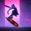 Placeholder: photo of a ninja riding a skateboard; in an alternate universe in tokyo; cyberpunk; realistic; rain; neon signs