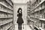 Placeholder: full-height shot of a young witch in a tight black short skirt, inside a large magic shop, shelving, bottles, windows