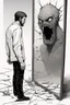Placeholder: a man looking into a shattered mirror and seeing a horrifying, abstract deranged monster in his reflection