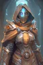 Placeholder: Female Warforged robotic cleric, with round glowing eyes, cloak, wearing copper armor, medieval style, dungeons and dragons