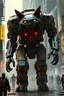 Placeholder: huge mechs walking through cyberpunk city full of cyber cats that looks high tech but primitive like neanderthals