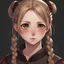 Placeholder: Teenage girl, dark blonde hair in fishtail braids twisted into a little bun, timid hazel eyes, anime style, looking into camera, front facing,