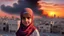 Placeholder: close young palestinian girl with a kuffeah. Large clouds of smoke rise from the land of gaza . With demolished buildings in the background. with sunset colors Made in the palestinian style
