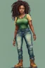 Placeholder: Create a watercolor image of a curvy black female wearing tight cut up jeans and a green tshirt with timberland boots. Prominent make up with hazel eyes. Highly detail dread locs