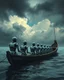 Placeholder: Bosch painting style, nightmare , an Ai robots sitting lined up in line one after another in raising boat tawing the boat , great quality picture with cinematic scenes , heavy clouds in the background