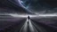 Placeholder: A solitary androgynous figure seen from behind, carrying an oversized heavy backpack, walking alone along a long winding road suspended in a vast dark sky. Surreal abstract dreamscape, the road curving into endless darkness, subtle mist, atmosphere of change, uncertainty and emotional weight, alone caracter, black gray, Dark blue, charcoal and muted purple tones, deep sky, digital art, etheral, atmospheric