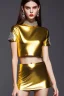 Placeholder: Beautiful perfect Portrait lady, full body shot, full-color long shot ornate gold filigree sheer crop top Tshirt and silver miniskirt positive space dominance