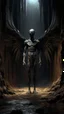 Placeholder: A tall and skinny Angel with wings , thick layer of dark brown corrosion , standing in front of a dark cave entrance behind him ground level , , Bosch painting style , of a nightmare , hyper photorealistic, hyper detailed dark , high resolution, fog, octane render, tilt shift, 8k ,