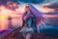 Placeholder: half body shot,realistic portrait of a 20-25 old caucasian model, long blue pink flowing hair, great grey eyes, blue leather jacket,full body, short white skirt,long legs,standing on deck of very big ship, beach of very nice lake with sunset ,clouds,godrayes