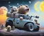 Placeholder: little boy and big teddy bears on moon. drifting in old bmw. oil on canvas