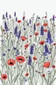 Placeholder: MINIMALIST: Serene Wildflower Field: Illustrate a full-page wildflower field with different types of flowers like lavender, bluebells, and poppies. Arrange the flowers in a natural, scattered pattern, with some flowers larger and closer and others smaller and further away, creating depth and a sense of tranquility for a coloring book on white background