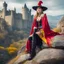 Placeholder: Fantasy royalist woman sits on rocks, she wear exaggerated hat, gloves and boots in leather, and colourful robes. there is a castle in the background