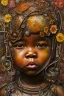 Placeholder: an abstract painting of rusted metal and flowers, african baby portrait, rust, scaffolding, iron cladding, decay, mixed media, textured, anatomically correct, beautiful perfect face, sharp focus, highly detailed