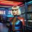 Placeholder: A vibrant, hyper-saturated 35mm film still from a lost 1970s Star Trek episode, directed by Ken Russell in a high-steroid, hallucinatory fervor. The young blonde Madonna with pixie haircut, and war tattoos reimagined as a defiant Klingon icon, stands in the cluttered, dimly lit, neon-washed Engineering section of a Klingon Bird-of-Prey. She wears rugged, black and red Klingon engineering underwear and harness (ribbed textures, leather, metal clasps), revealing her muscular, powerful physique. Sh
