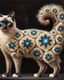 Placeholder: Create a painting of a standing full body blue eyed Siamese cat with fractal patterns in his coat. Bushy tail. Background black. Hyperrealistic.