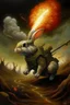 Placeholder: military bunny dragon breath fire like a rocket going in for landing, prize winning oil painting