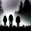 Placeholder: three figures, silhouettes, dark, foggy weather, night, forest, black, horror, art, evil, dark effect, trees, more trees, deep forest, eyes on face, different height,