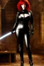 Placeholder: Christina Hendricks dressed in black leather catsuit, with a whip in her hand, inside a dungeon, busty, cleavage, angry, stern look, volumetric lighting, particales,highly detailed,cinematic, deep colours,8